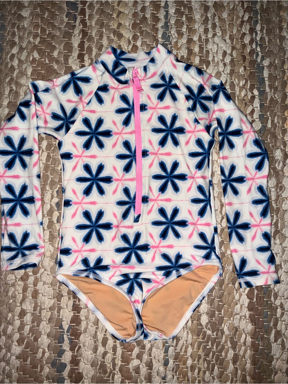 Crewcuts White Long-Sleeve Rashguard Swimsuit with Navy & Pink Floral Pattern